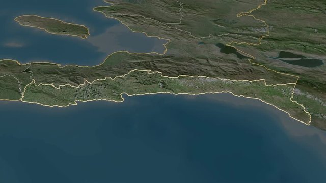 Sud-Est, department with its capital, zoomed and extruded on the satellite map of Haiti in the conformal Stereographic projection. Animation 3D