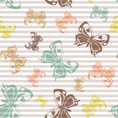 Fototapeta premium Flying butterfly silhouettes over striped background vector seamless pattern.