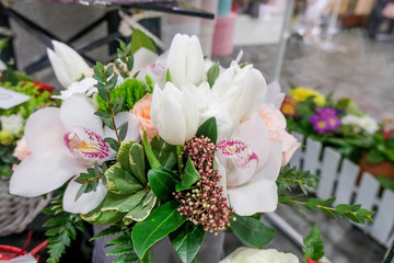Beautiful decorative flower arrangement.Close up of flowers.Floral background.Selective focus.