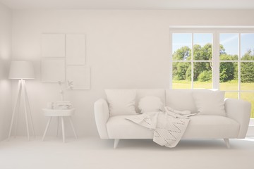 Mock up of stylish room in white color with sofa and green landscape in window. Scandinavian interior design. 3D illustration