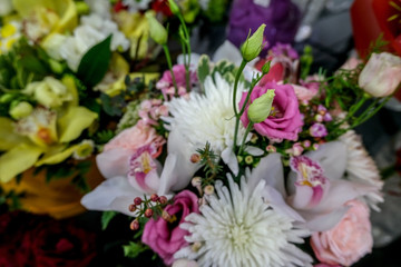 Beautiful bouquet of mixed flowers. Floral shop, flower market. Selective focus.