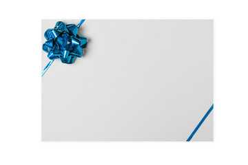 Greeting card with blue ribbon on white background. Top view with free space for copy text.