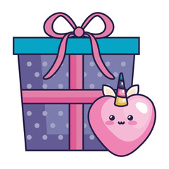 cute heart unicorn kawaii style with gift box vector illustration design
