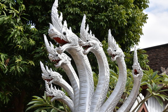 Silver Seven-Headed Dragon Statue Medium Close-up, Wat Hua Xiang, Luang Prabang, Laos