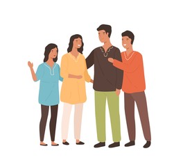 Happy indian family in national colored clothing vector flat illustration. Smiling parents and children in traditional clothes isolated on white. Cartoon people hugging together