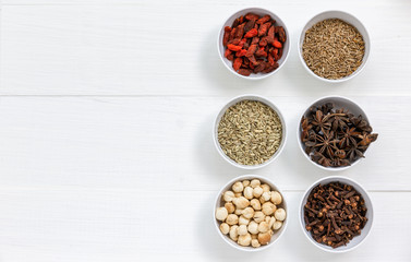 Herbal supplement in capsules with healthy medicinal plant.Alternative drug or natural pharmaceutical capsule.Medication of vitamin supplemental for care and treatment.Top view.