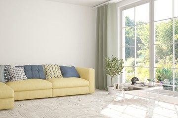 Minimalist living room in white color with sofa and summer landscape in window. Scandinavian interior design. 3D illustration