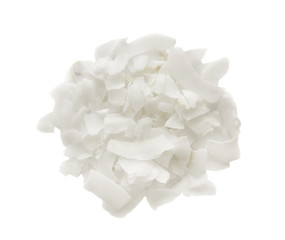 Tasty fresh coconut flakes isolated in white, top view