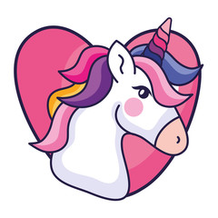 head of cute unicorn with heart isolated icon vector illustration design