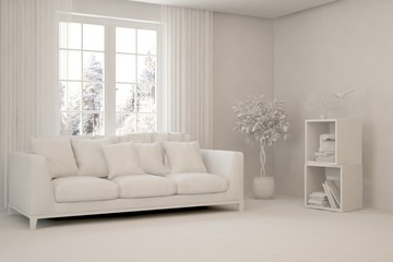Mock up of modern living room in white color with sofa and winter landscape in window. Scandinavian interior design. 3D illustration