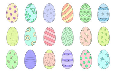 Set of colored Easter eggs, different hand drawings decorations. Vector illustration.