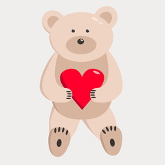 Funny bear with a heart in his hands on a light background. Vector drawing illustration.