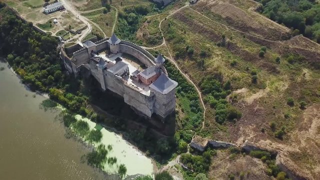 Aerial view of medieval castle near the river