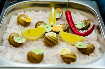 Helix Aspersa Muller, Maxima snail.  Edible snails with butter and seasonings.