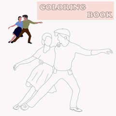 Coloring book or page cartoon of dancing people for kids. Cute colorful cartoon dancers as an example for coloring book. Practice worksheet for preschool and kindergarten. Vector illustration