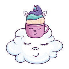 cute cup unicorn in cloud kawaii style icon vector illustration design