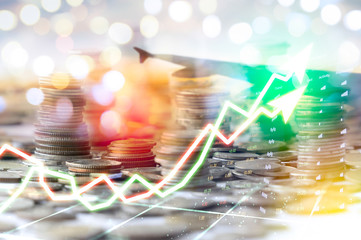 Stock market digital graph chart on LED display concept. A large display of daily stock market price and quotation. Indicator financial forex trade education background.  coins for finance concept