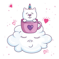 cute cat unicorn in cup with cloud kawaii style vector illustration design