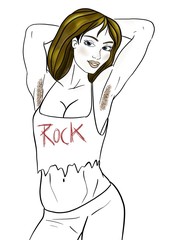 A illustration of a woman with her arms up with hairy underarms