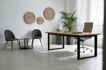 Director's office with large wooden table. Interior design