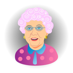 Old smiling woman with gray hair and glasses. In a lilac sweater. Avatar Icons. Isolated. Vector