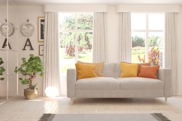 Minimalist living room in white color with sofa and summer landscape in window. Scandinavian interior design. 3D illustration