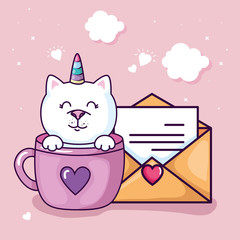 cute cat unicorn fantasy in cup with envelope vector illustration design