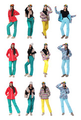 Fototapeta premium Collage of woman wearing winter sports clothes on white background