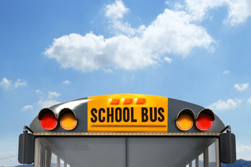 Yellow school bus outdoors, closeup. Transport for students