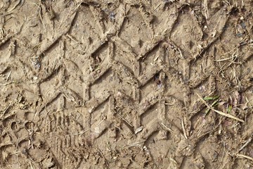 A close view of the tire track in the dirt surface.