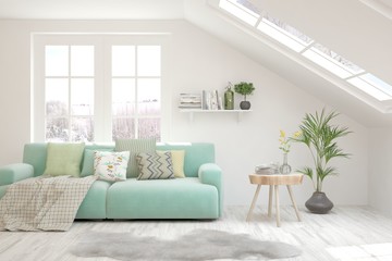 Modern living room in white color with sofa and winter landscape in window. Scandinavian interior design. 3D illustration