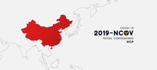 Novel Coronavirus (2019-nCoV). China pathogen respiratory coronavirus 2019-nCoV originating in Wuhan, Asia-China map infographics. Virus Covid 19-NCP. nCoV denoted is single-stranded RNA virus.