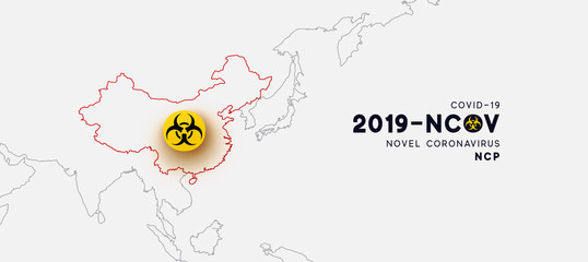 Novel Coronavirus (2019-nCoV). China pathogen respiratory coronavirus 2019-nCoV originating in Wuhan, Asia-China map infographics. Virus Covid 19-NCP. nCoV denoted is single-stranded RNA virus.