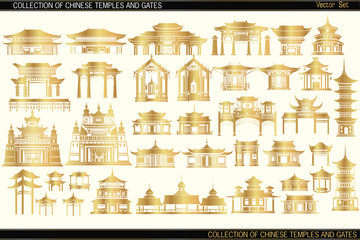 Set of golden Chinese buildings and temples on a light background. Chinese traditional architecture.