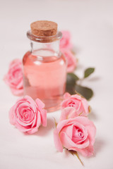 Fototapeta na wymiar Aroma rose water for skincare, essential oils, spa beauty care
