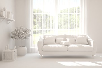 Mock up of minimalist living room in white color with sofa. Scandinavian interior design. 3D illustration