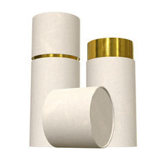 Kraft paper cardboard tube package with gold part mock up. 3d render isolated on white background.