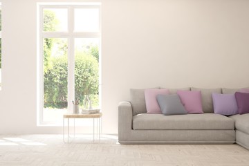 Minimalist living room in white color with sofa and summer landscape in window. Scandinavian interior design. 3D illustration