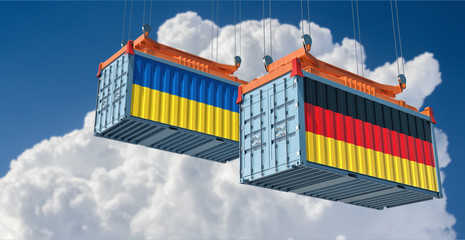 Freight container with German and Ukraine flag.  3D Rendering