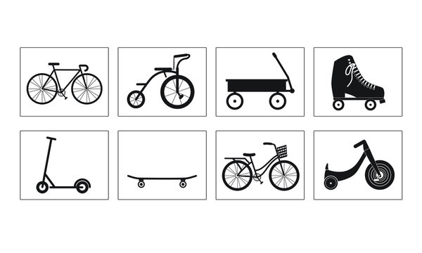 Bicycle Icons Set, with Tricycle, Wagon, RollerSkates, Scooter, Skateboard, Big Wheel, Black on White