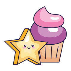 cute star magic kawaii with cupcake isolated icons vector illustration design