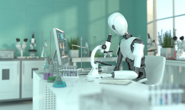 A humanoid robot in a laboratory works with a microscope. Scientific experiments. Future concept with smart robotics and artificial intelligence. 3D rendering.