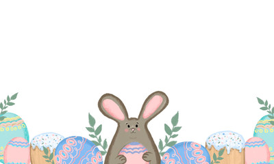One side frame with funny cute cartoon easter bunny, easter bread with icing and eggs. Hand drawn. Trendy design and colors for Happy Easter concept. Space for text. Isolated on white. Easter card