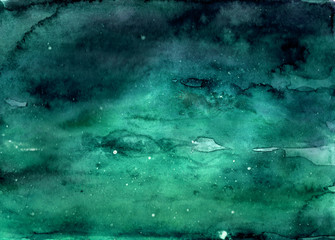 Liquid grunge background. Hand drawn watercolor blots and stains. Turquoise and green abstract marble gradient. Trendy design. Horizontal. Liquid, sea, ocean bottom.