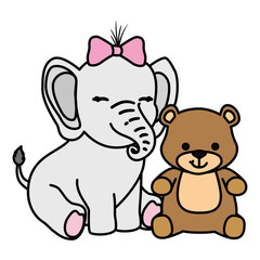 cute elephant female with bear isolated icon vector illustration design