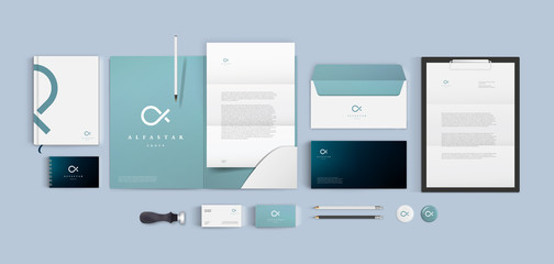 Premium corporate identity mockup set. Business stationery realistic design template. Blue color branding with folder, blank, brochure and visiting card. Minimal style vector logo. - obrazy, fototapety, plakaty