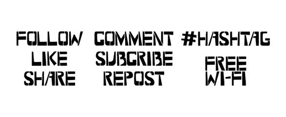 Set of handwritten web slang text for social media and blog posts. Follow, like, share, repost, subcribe, comment,hashtag, free wi-fi lettering inscription for blogger or group
