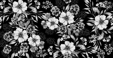Watercolor monochrome floral seamless pattern with flowers, leaves. Floral nature dark background texture. Fabric design in black and white Textile print design. Abstract background. Flower background