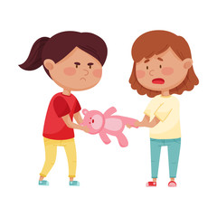 Little Girl with Aggressive Face Expression Taking Away Toy Bear from Her Agemate Vector Illustration