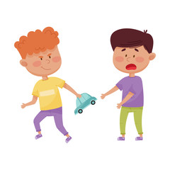 Little Boy with Grin on His Face Taking Away Toy Car from His Agemate Vector Illustration